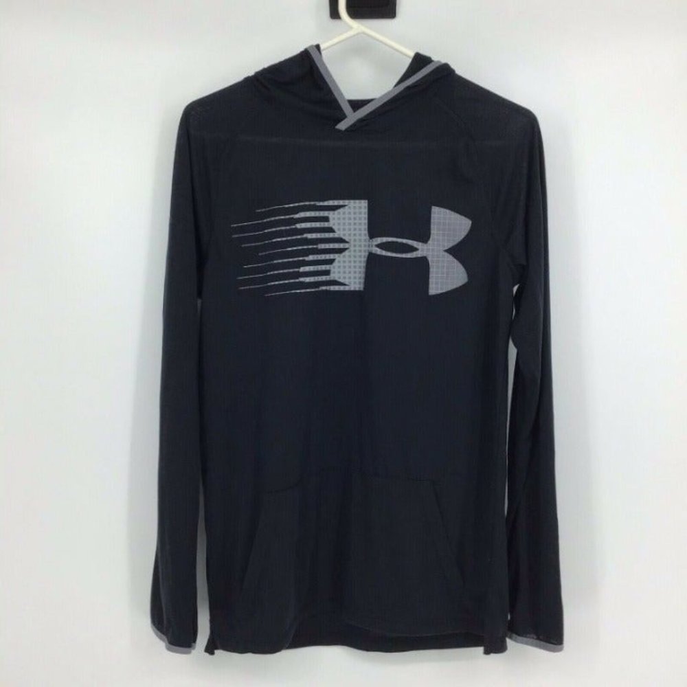 Under Armour Boys Size YXL Hooded Pullover Heatgear Long Sleeve Top Black